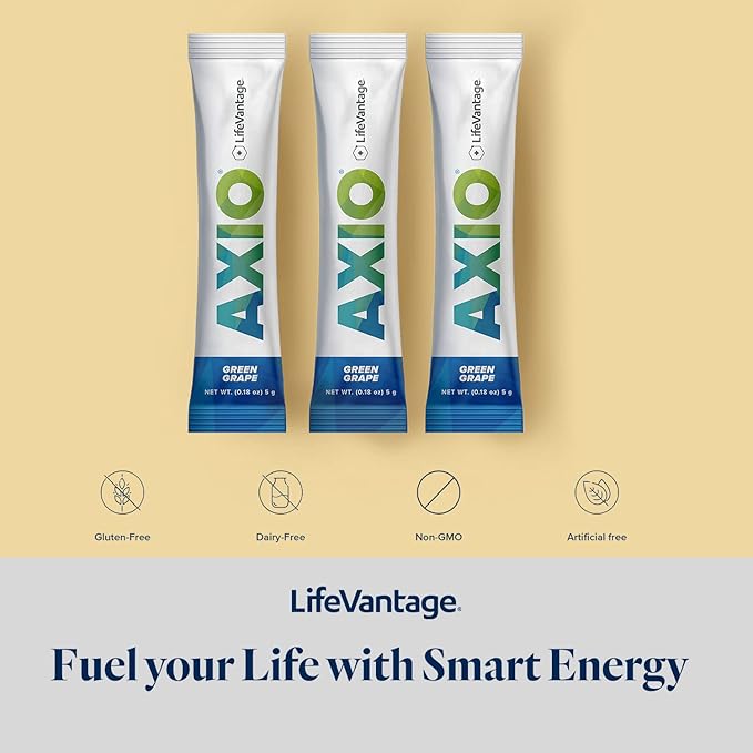 LifeVantage AXIO Regular Energy Drink Powder, Nootropic Supplement, Focus & Mood Support, with L-theanine, Green Tea, B Vitamins, DMAE, Quercetin & Pine Bark, Green Grape, 30 Packets