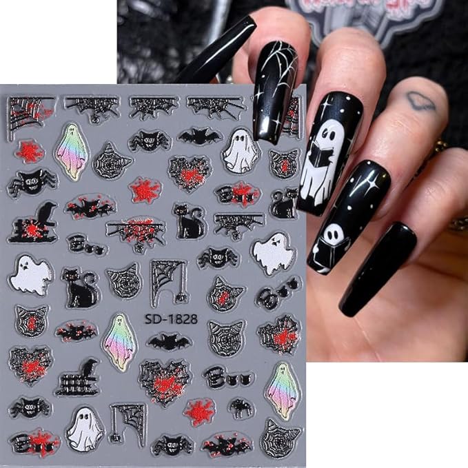 6 Sheets Halloween Nail Stickers for Nail Art, 5D Embossed Self-Adhesive Ghost Pumpkin Spider Web Nail Decals, Castle Nail Supplies Nail Art Design Accessories for Women Girls Manicure DIY Decoration