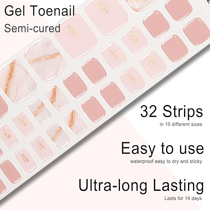 Semi Cured Gel Toenail Strips, 32 Pink Texture Gel Toenail Stickers - Works with Any UV Lamps Pedicure Strips Full Nail Wraps with Nail File & Wood Stick