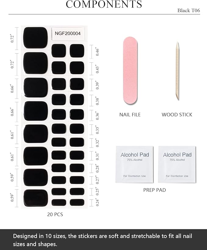 Semi Cured Gel Toenail Strips (Black T06), 32 Pcs Gel Pedi Stickers, Wraps, UV Light Required, Salon Quality, Long Lasting