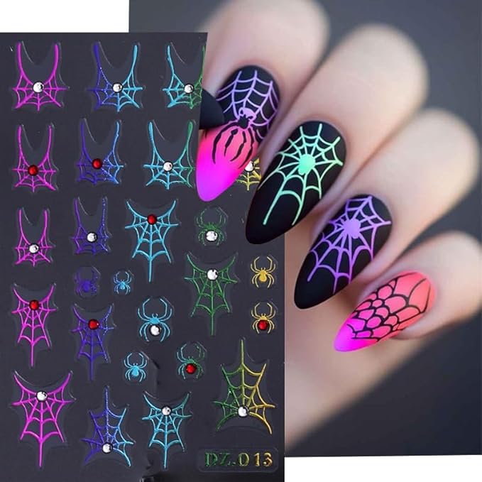 5 Sheets Halloween Nail Stickers for Nail Art, 5D Embossed Diamond Self-Adhesive Colorful Spider Web Nail Decals, Ghost Nail Supplies Design Accessories for Women and Girls Manicure DIY Decoration