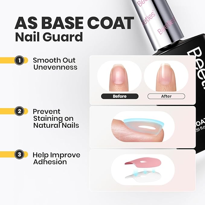 Beetles 2 in 1 Base & Top Coat Nail Polish, Clear Nail Polish Fast Drying & Natural Nail Strengthen, Glossy Effect for Nail DIY Salon at Home Gifts for Women