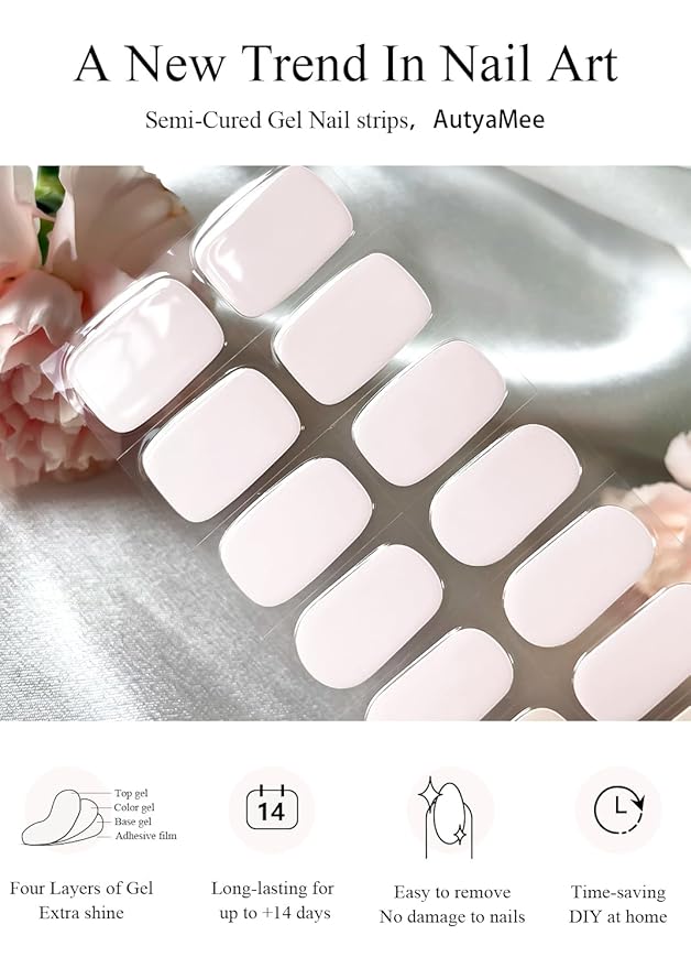 Semi Cured Gel Nail Strips (Skin Pink), 20 Pcs Gel Nail Wraps, Stickers, UV Light Required, Salon Quality, Long Lasting