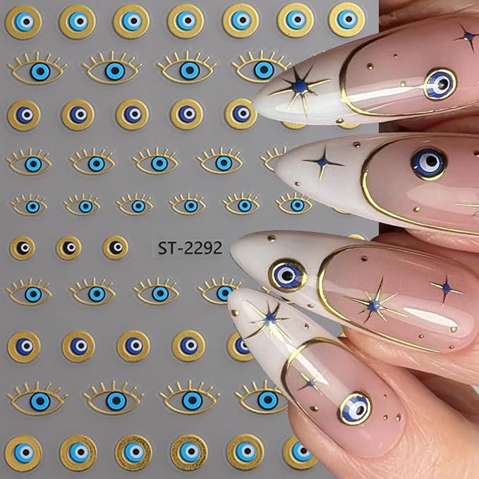 3 Sheets Evil Eye Gold Nail Stickers for Nail Art, 3D Self-Adhesive Star Eye Sun Snake Nail Decals, Nail Supplies Nail Art Design Accessories for Women and Girls Manicure DIY Decoration