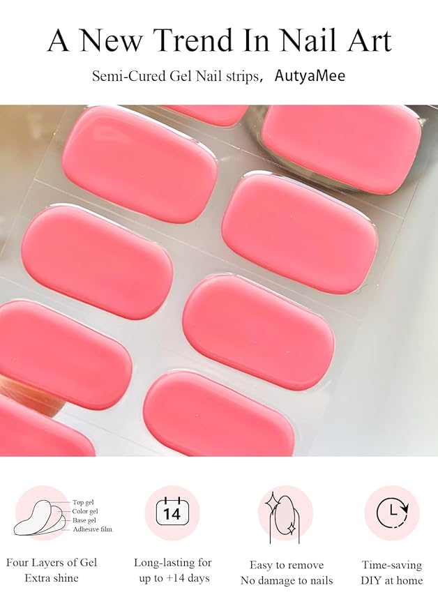 Semi Cured Gel Nail Strips (Bright Coral), 20 Pcs Gel Nail Wraps, Stickers, UV Light Required, Salon Quality, Long Lasting