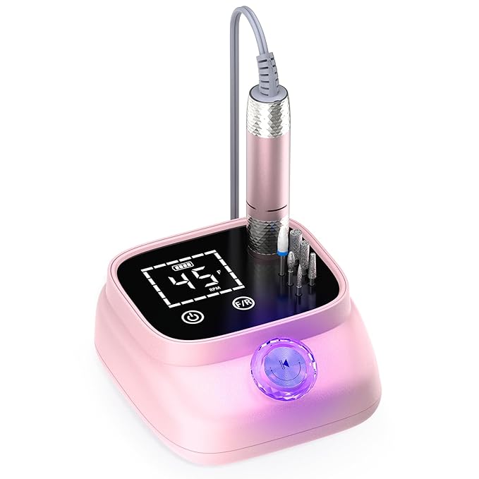 Electric Nail Drill 45000 RPM, Professional Rechargeable Nail File Kit, Nail Drill Machine, Nail Grinder, Acrylic Nail Kit for Any Manicure, Pedicure, Gel Polishing Removing, Pink