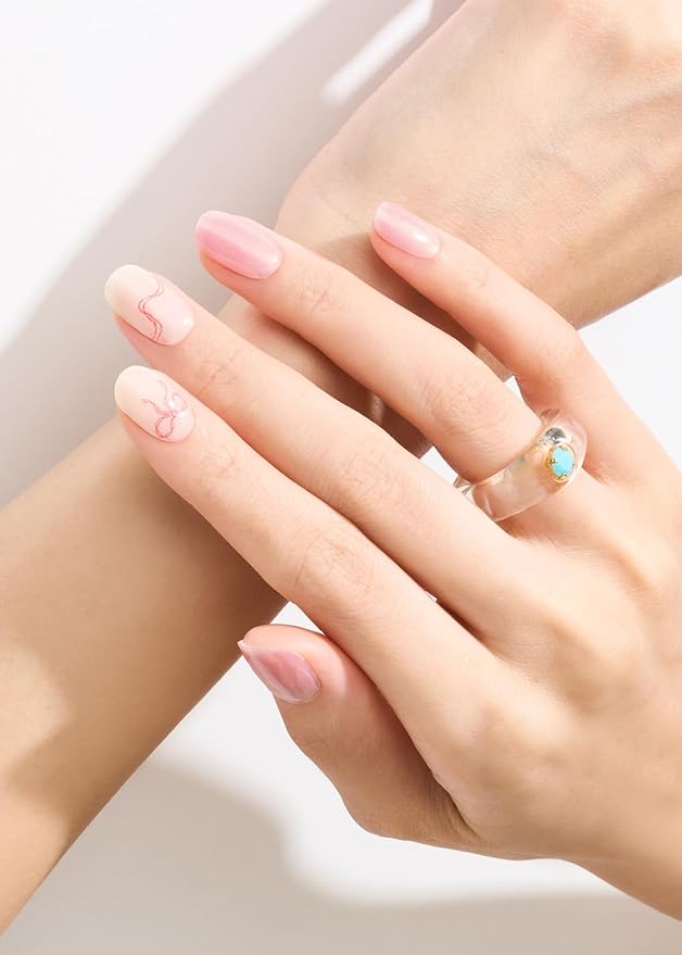ohora Semi Cured Gel Nail Strips (N Someday) - White, Pink, Ribbon, Works with Any UV/LED Lamps, Salon-Quality, Long Lasting, Easy to Apply & Remove - Includes 2 Prep Pads, Nail File & Wooden Stick