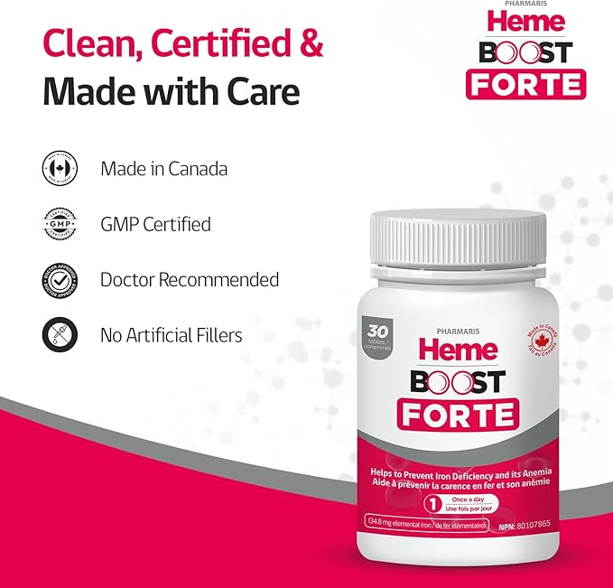 Hemeboost Forte 34.8 mg (696 mg Heme Iron) I 30 Tablets I High Potency Natural Iron Supplement I High Absorption & Gentle on Stomach I Iron Pills for Adults & Safe for Use in Pregnancy
