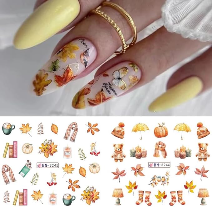 Fall Thanksgiving Nail Art Stickers Decals Autumn Maple Leaf Water Transfer Nail Foils Supplies Fall Pumpkin Squirrel Fox Mushroom Designer Nail Decals for Nail Art Thanksgiving Nail Art Decoration