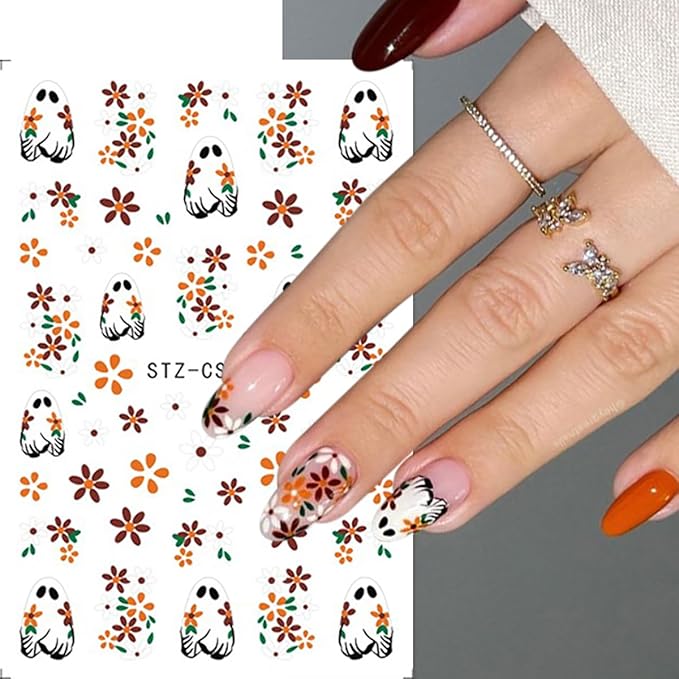8 Sheets Ghost Nail Art Stickers Halloween Nail Decals 3D Self-Adhesive Bats Spider Web Ghost Autumn Flowers Sticker Nail Design Acrylic Nails Decoration Accessories for Women Holiday Nails