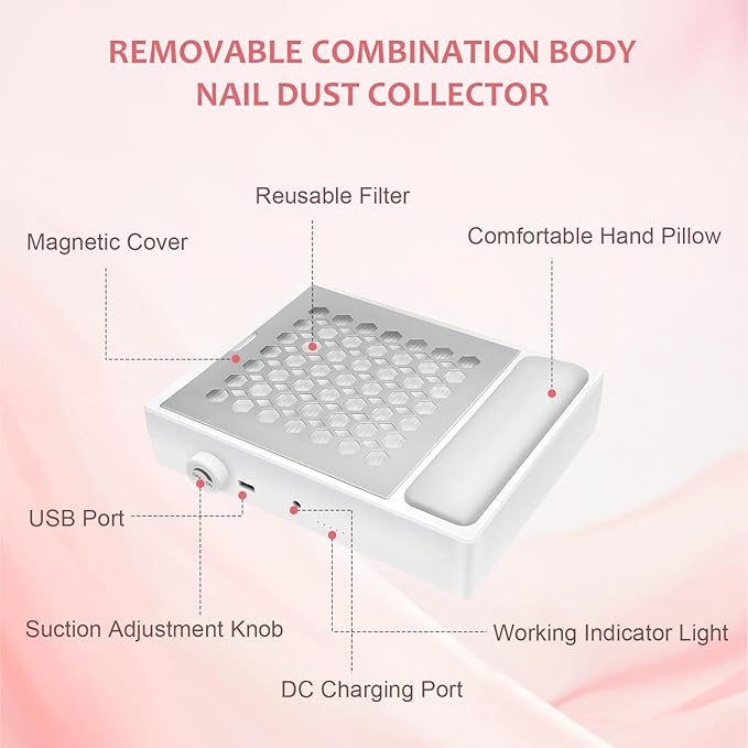 Professional Nail Dust Collector, Dust Collector Nail Tech with Reusable Filter, Powerful Vacuum Cleaner, Adjustable Speed Nails Extractor Vacuum for Acrylic Nails Polishing Manicure Salon, Low Noise