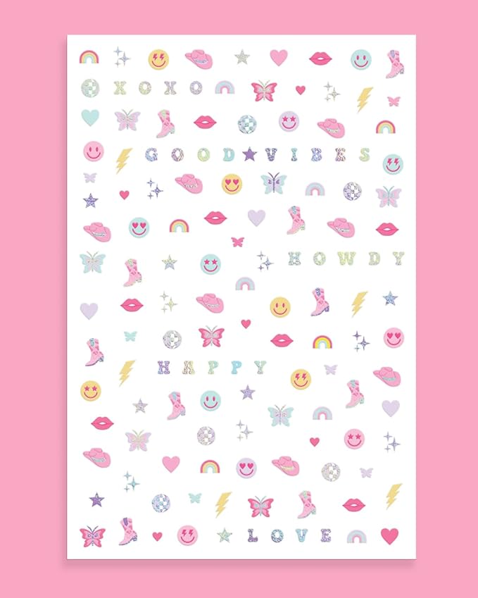 xo, Fetti Party Preppy Nail Stickers | 496 Stickers | Girly Party Accessory, Rainbow Bachelorette Decorations, Smiley Birthday Manicure, Butterfly Adhesive Press Ons