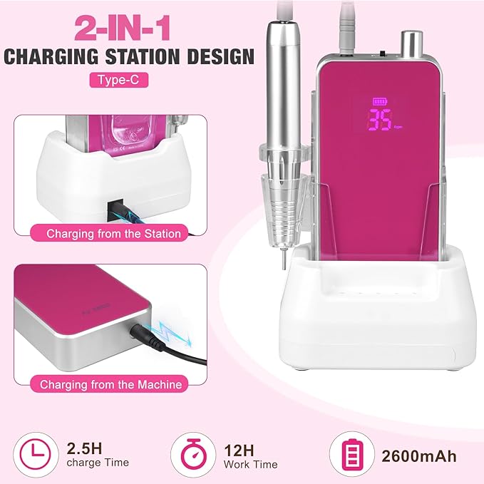 Professional Portable Nail Drill, 2-in-1 AZ GOGO 35000RPM Rechargeable Electric Cordless Nail Drills for Acrylic Gel Nails - Updated Coreless Motor Quieter, High Efficiency for Salon Level Pro E-File