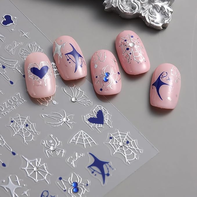 Halloween Nail Stickers 3D Self-Adhesive Spider Web Spider Rhinestone Nail Art Stickers Design Spider Nail Decals Holiday Acrylic Nails DIY Decoration Kit Fall Manicure Supplies for Women 6 Sheets