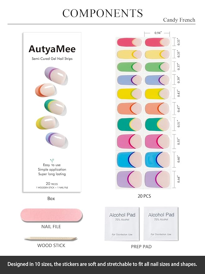 Semi Cured Gel Nail Strips (Candy French), Macaron, 20 Pcs Gel Nail Wraps, Stickers, UV Light Required, Salon Quality, Long Lasting