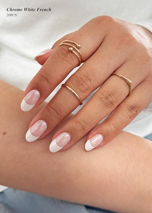 Semi Cured Gel Nail Strips (White French Chrome), Pearl, Glazed, 20 Pcs Gel Nail Wraps, Stickers, UV Light Required, Salon Quality, Long Lasting