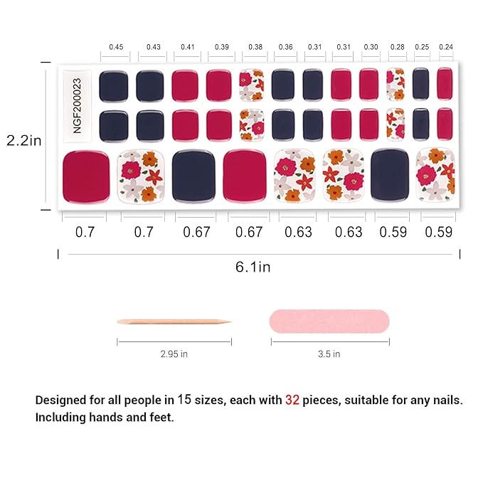 Semi Cured Gel Toenail Strips, 32 Rose & Sapphire Flower Gel Toenail Stickers - Works with Any UV Lamps Pedicure Strips Full Nail Wraps with Nail File & Wood Stick