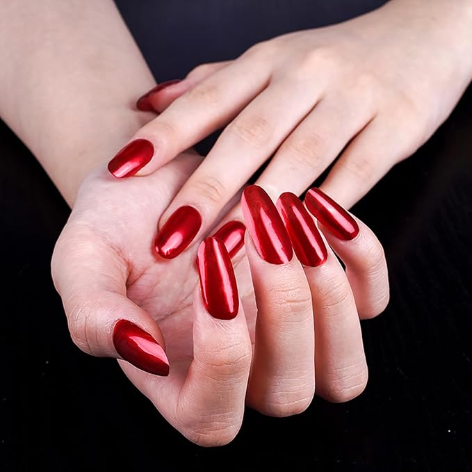 WOKOTO 20Pcs Chrome Red Gel Nail Strips with Nail File & Wooden Stick Holographic Red Semi Cured Nail Polish Strips UV Gel Nail Stickers Full Nail Wraps Stick On Nails Strips Decals for Women Girls
