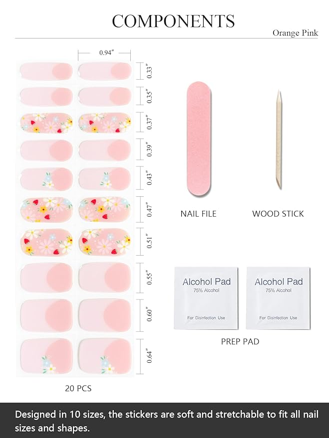 Semi Cured Gel Nail Strips (Orange Pink), Daisy, French Flower, 20 Pcs Gel Nail Wraps, Stickers, UV Light Required, Salon Quality, Long Lasting