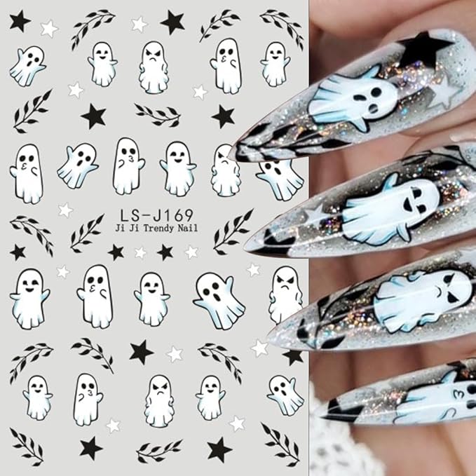 Halloween Nail Art Stickers 3D Pumpkin Flower Ghost Nail Stickers 6PCS Skull Ghosts Virus Leaf Bat Halloween Nails Design Adhesive Decals Manicure Nail Art Accessories Sliders for Women DIY Nail Art