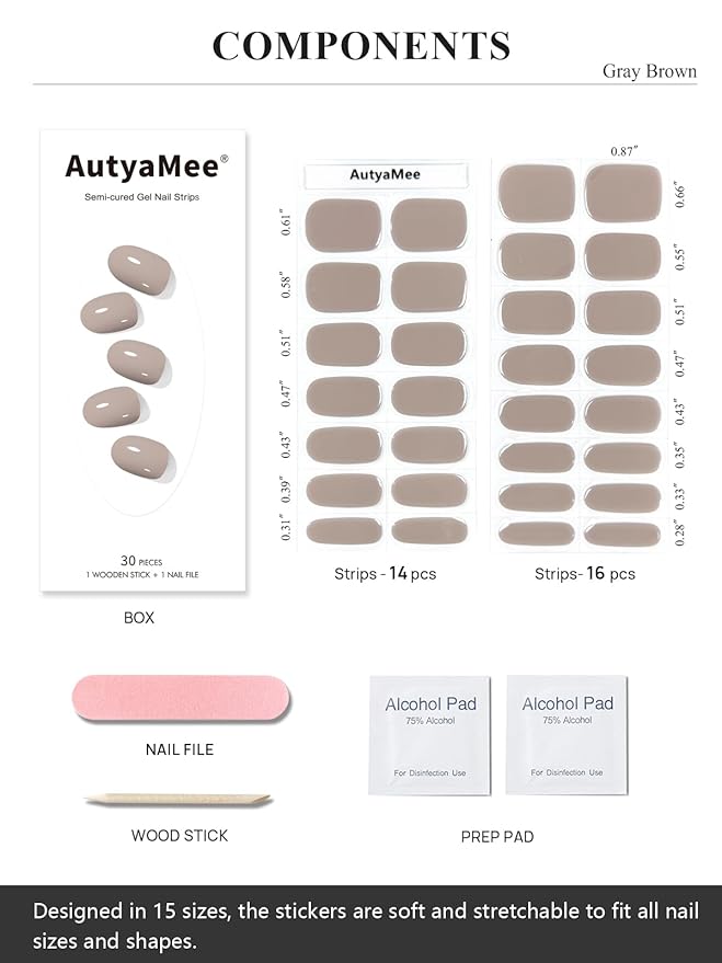 Semi Cured Gel Nail Strips (Gray Brown), Pearl Glazed, 30 Pcs Gel Nail Wraps, Stickers, UV Light Required