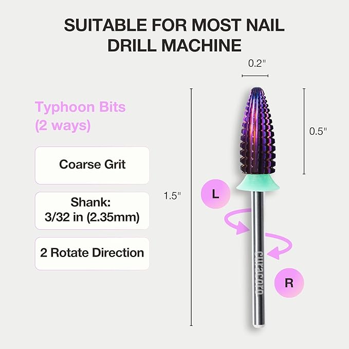 Curacoro Nail Drill Bits 3/32'' - Typhoon Bits, 2 Way, Carbide Bit (Coarse), Fast Remove, Shape & Smooth Acrylic or Gel Nails, Precise Control, for Nail Beds, Nail Art Pedicure Manicure Salon & Home