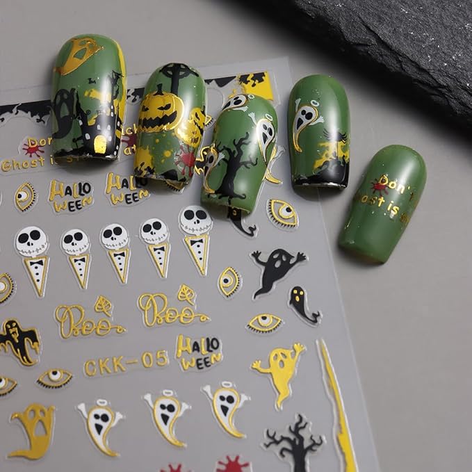 Halloween Nail Art Stickers, Ghost Nail Decals 3D Self-Adhesive Horror Ghost Skull Spider Web Bat Pumpkin Glitter Nail Design 8PCS Halloween Nail Art Supplies for Women Decoration