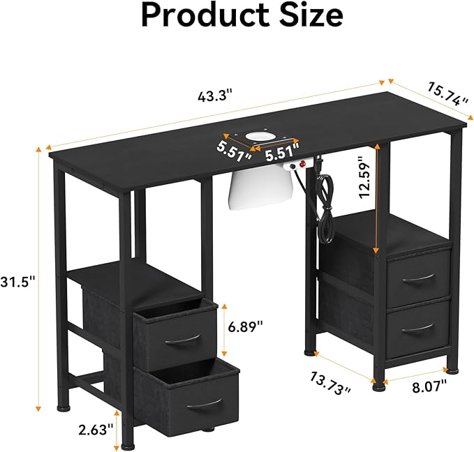 Manicure Table for Nail Tech, Nail Tech Table Station w/4 Storage Drawers & 2 Open Shelves, Nail Table w/Dust Collector for Beauty Salon Tech Station (Black PU)