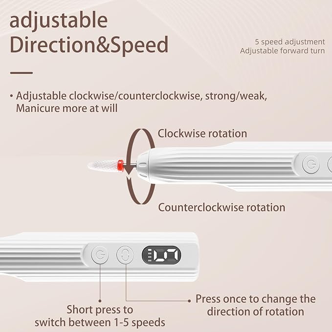 Portable Nail Drill Electric Nail File with UV LED Nail Lamp, 12 Drills and Rechargeable Base, 5 Speeds Hand Foot Care Tool for Grind Trim Polish