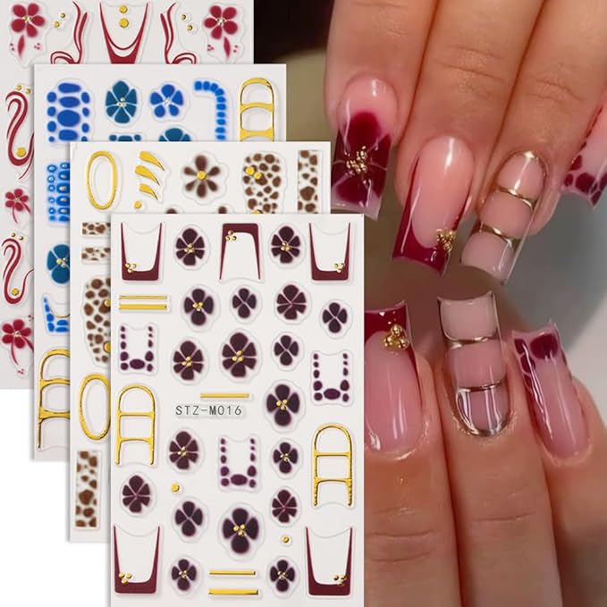 Flower Nail Art Stickers Decals French Tip Flower Nail Decals 4PCS Brown Wine Red Blue Flowers Petals Golden Circle Polka Dot Design Nails Adhesive Stickers for Women Fall Winter Nail Art Decorations
