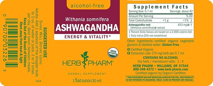 Herb Pharm Organic Ashwagandha Liquid Extract, Alcohol-Free: Mood Support Supplement, Vegan Ashwagandha Root Glycerite, Tasty Non-Bitter Adaptogen Extract for Adults, Non-GMO, 1 Oz