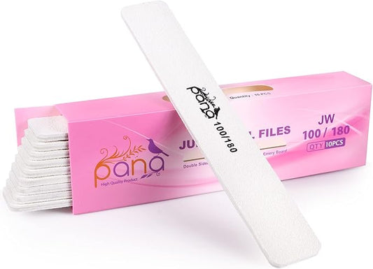 10PCS Jumbo Size PANA Professional Double Sided Nail Files - White, 100/180 Grit - Emery Board Nail Buffering File Manicure Pedicure Nail Polisher Washable