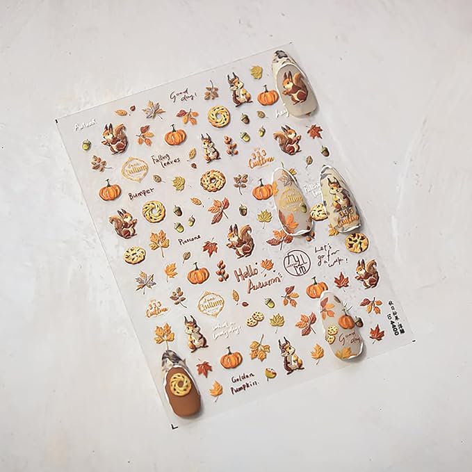 Fall Nail Art Stickers 5D Embossed Self Adhesive Maple Leaf Pumpkin Nails Decals 1PCS Autumn Cute Squirrel Pine Cones Fallen Leaves Design Thanksgiving Nail Stickers for Women DIY Manicure Accessories