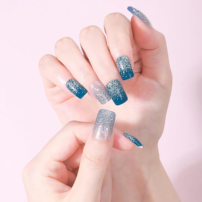 WOKOTO Semi Cured Gel Nail Strips (Blue & Glitter)-16 Pcs Gel Nail Stickers | Gel Nail Wraps | UV Light Required, Salon Quality & Easy To Use, Real Nail Polish Strips Stick On Nails With Nail File