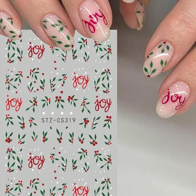 Christmas Nail Art Stickers Decals Red Green Holly Leaf Winter Nail Decals 6PCS Holly Leaves Joy Design 3D Self-Adhesive Xmas Nail Decals Nail Art Supplies for Holiday New Year Manicure Decorations