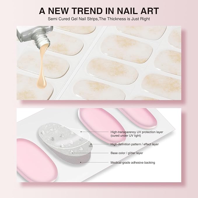 Semi Cured Gel Nail Strips - 30PCS Gel Nail Stickers for UV Light, Long-Lasting Gel Nail Wraps, Salon-Quality Semi Cured Nail Stickers, 2 Weeks Wear, Easy DIY Gel Manicure-Gilded Shards
