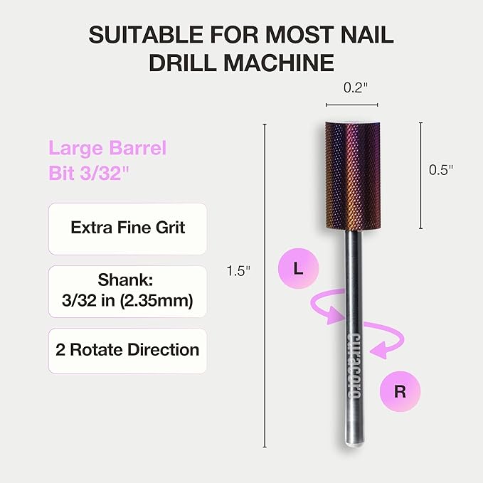 Curacoro Nail Drill Bits 3/32'' - Safe Smooth Stop Large Barrel Carbide Bit (Extra Fine) for Flawless, High-Shine Finish, Refine & Perfect Nail Enhancements, Nail Art Pedicure Manicure Salon & Home