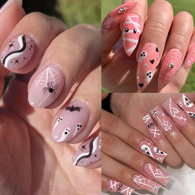 Halloween Nail Stickers for Nail Art - 6 Sheets Pink White Ghost Spider Web 3D Self-Adhesive Design With Rhinestones Charms