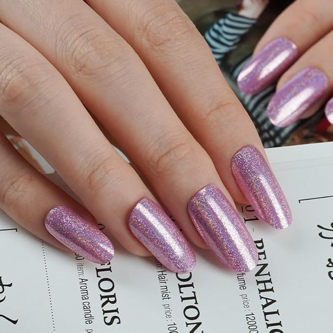 Semi Cured Gel Nail Strips, Purple Sparkle | 28 pcs Gel Nail Strips Work with Any UV Lamp, Salon Quality UV Nails Stickers, Easy to Apply for Home Nails DIY