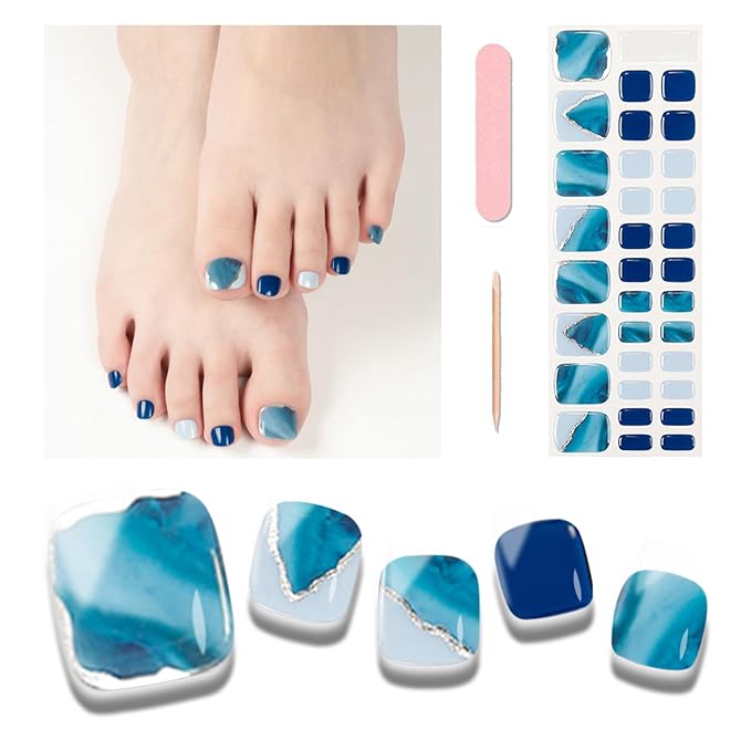Semi Cured Gel Toenail Strips, 32 Blue Marble Gel Toenail Stickers - Works with Any UV Lamps Pedicure Strips Full Nail Wraps with Nail File & Wood Stick