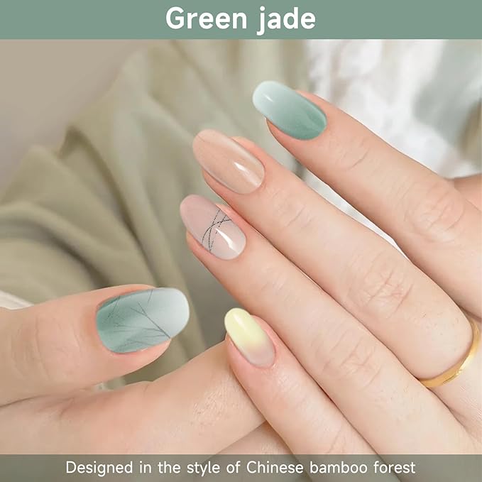 Semi Cured Gel Nail Strips, Green Jade | 28 pcs Chinese Style Gel Nail Strips Work with Any UV Lamp, Salon Quality New Chinese Nail Stickers, Include Prep Pads, Nail File&Wood Stick