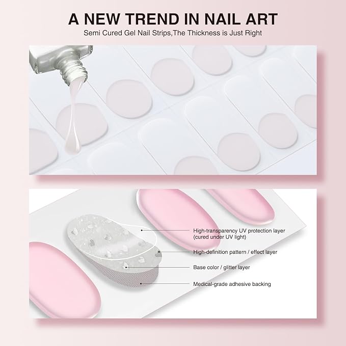 Semi Cured Gel Nail Strips, 20 PCS Gel Nail Stickers Work with UV Light, Salon Quality & Easy to Use - French Passion