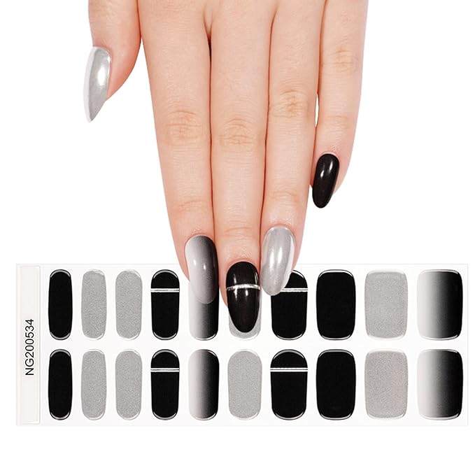 Semi Cured Gel Nail Strips, 20pcs Phantom Black Grey Gel Nail Stickers - Works with Any UV Lamps, Long Lasting Full Wraps, Easy to Apply and Remove