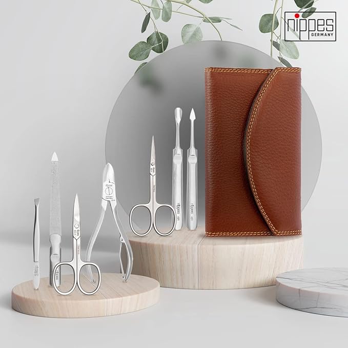 Nippes Solingen Manicure Set, 7-Piece, Stainless Steel, Nickel-Free, Genuine Brown Cowhide Leather Case Made In Solingen Germany