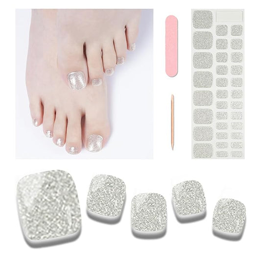 Semi Cured Gel Toenail Strips, 32 Glitter Silver Gel Toenail Stickers - Works with Any UV Lamps Pedicure Strips Full Nail Wraps with Nail File & Wood Stick