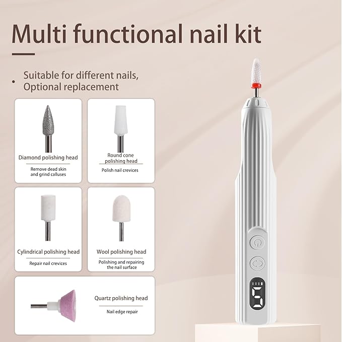 Portable Nail Drill Electric Nail File with UV LED Nail Lamp, 12 Drills and Rechargeable Base, 5 Speeds Hand Foot Care Tool for Grind Trim Polish