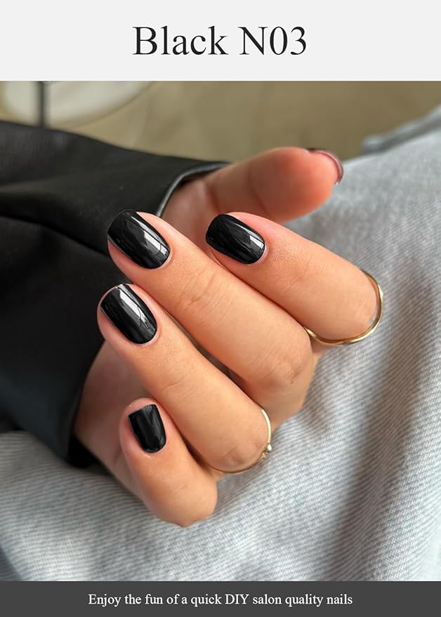 Semi Cured Gel Nail Strips (Black N03), 20 Pcs Gel Nail Wraps, Stickers, Salon Quality, Long Lasting, Works With Any Lamps