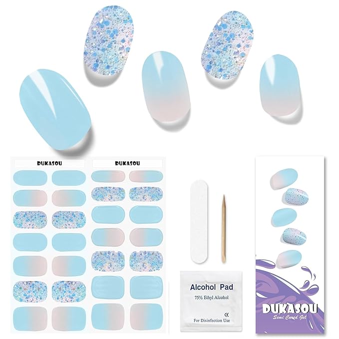 Semi Cured Gel Nail Strips, Summer Blue | 28 pcs Gel Nail Strips Work with Any UV Lamp, Salon Quality UV Nails Stickers, Easy to Apply for Home Nails DIY
