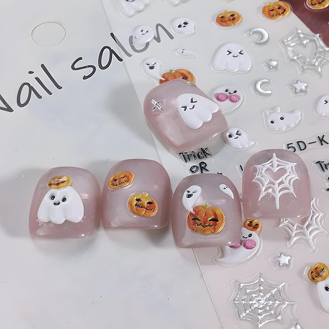 Halloween Nail Art Stickers Black Cat 5D Self-Adhesive Nail Stickers Cute Ghost Nail Decals Pumpkin Nail Art Spider Web Nail Decals Decoration Accessories for Women and Girls 2 Sheets