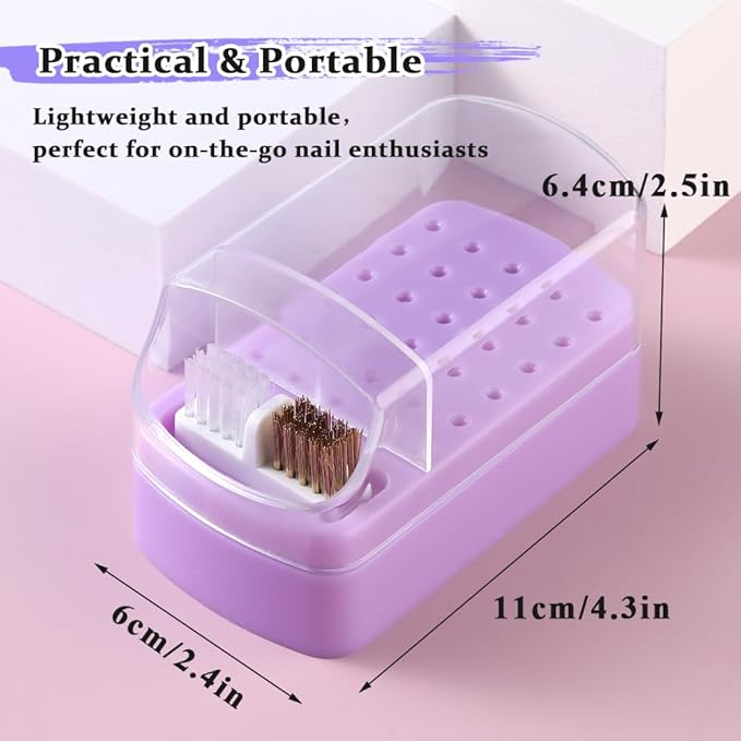 2 in 1 Nail Drill Bit Holder & Cleaner Brush Case, 30 Holes Dustproof Stand Display Storage Box with Steel Wire & Nylon Double Brush for Cleaning Tungsten Carbide Ceramic Nail Drill Bits Cuticle
